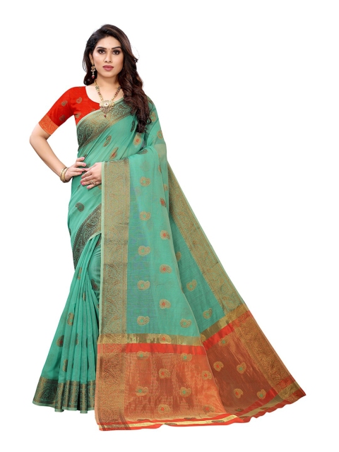 

Pisara Turquoise Blue & Red Woven Design Zari Silk Cotton Chanderi Saree
