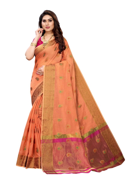 

Pisara Peach-Coloured & Green Ethnic Motifs Silk Cotton Chanderi Saree
