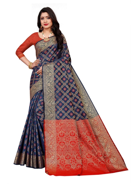 

Pisara Navy Blue & Red Woven Design Silk Cotton Chanderi Saree