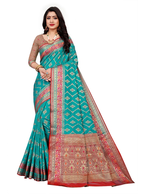 

Pisara Turquoise Blue & Red Woven Design Zari Silk Cotton Chanderi Saree
