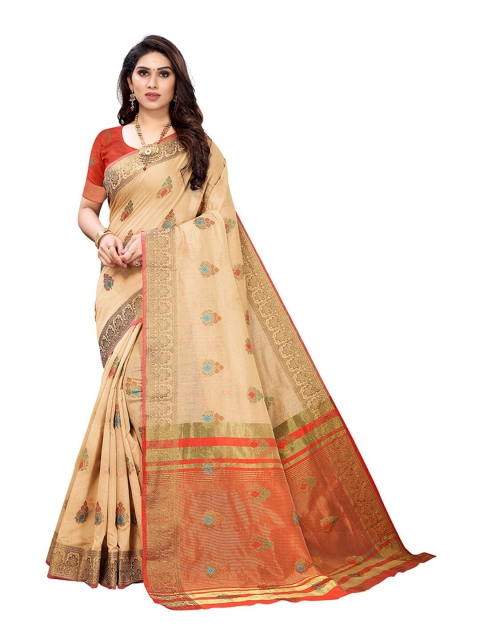 

Pisara Beige & Orange Woven Design Zari Silk Cotton Chanderi Saree