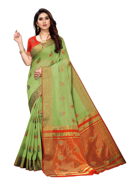 

Pisara Olive Green & Gold-Toned Woven Design Silk Cotton Chanderi Saree
