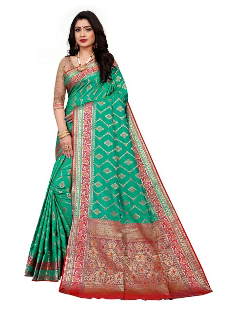 

Pisara Sea Green & Red Woven Design Silk Cotton Chanderi Saree