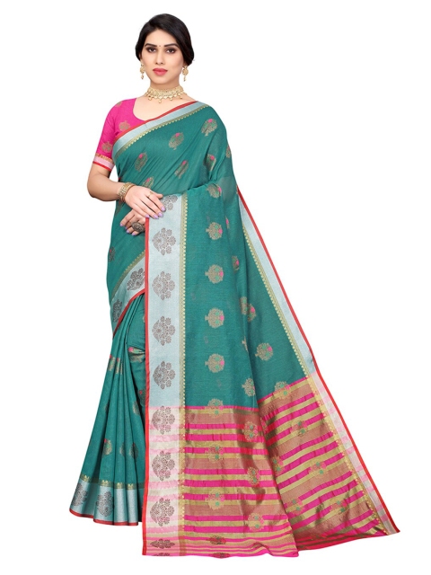 

Pisara Sea Green & Pink Woven Design Zari Silk Cotton Chanderi Saree