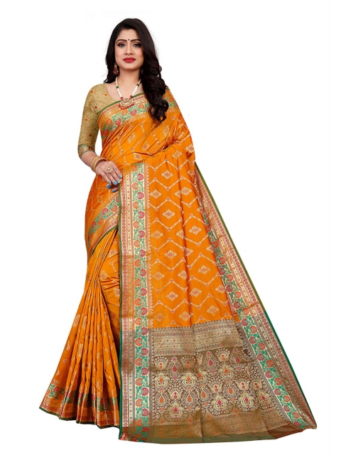 

Pisara Mustard & Green Woven Design Zari Silk Cotton Chanderi Saree