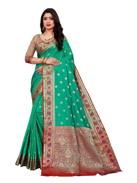 

Pisara Sea Green & Maroon Woven Design Zari Silk Cotton Heavy Work Chanderi Saree