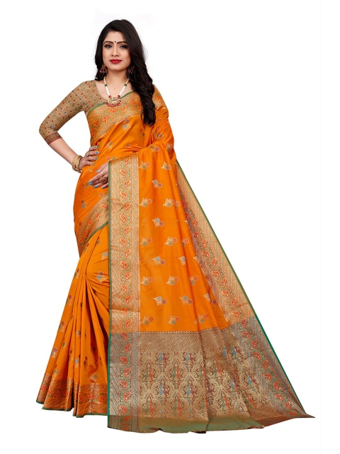 

Pisara Mustard & Green Woven Design Zari Silk Cotton Chanderi Saree