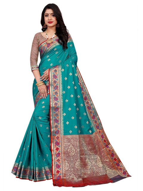 

Pisara Turquoise Blue & Red Woven Design Zari Silk Cotton Chanderi Saree