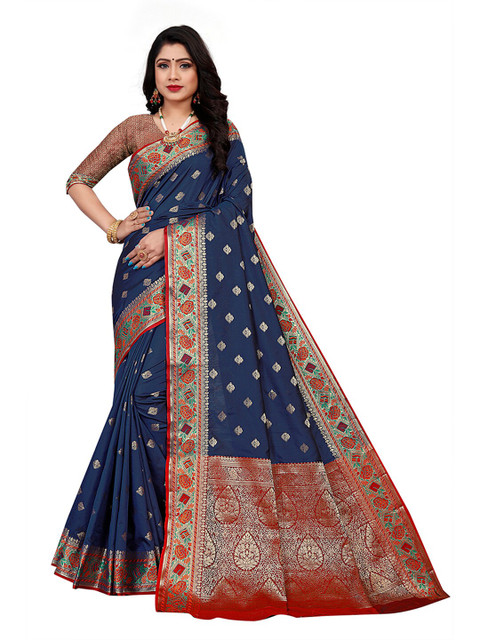 

Pisara Navy Blue & Red Woven Design Zari Silk Cotton Chanderi Saree