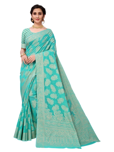 

Pisara Turquoise Blue & Gold-Toned Woven Design Zari Silk Cotton Saree