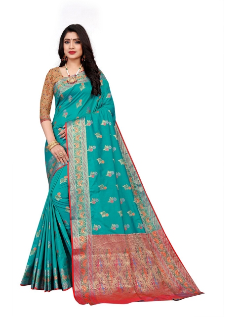 

Pisara Turquoise Blue & Red Woven Design Zari Silk Cotton Chanderi Saree