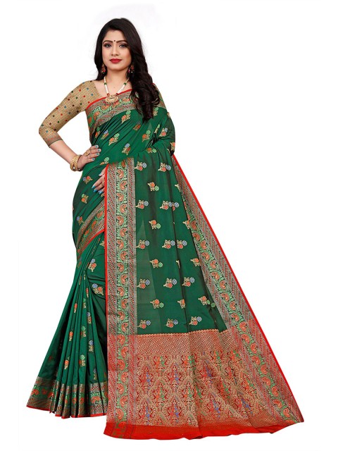 

Pisara Green & Red Woven Design Zari Silk Cotton Chanderi Saree