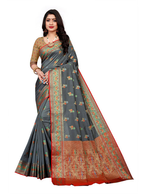 

Pisara Grey & Red Floral Zari Silk Cotton Chanderi Saree