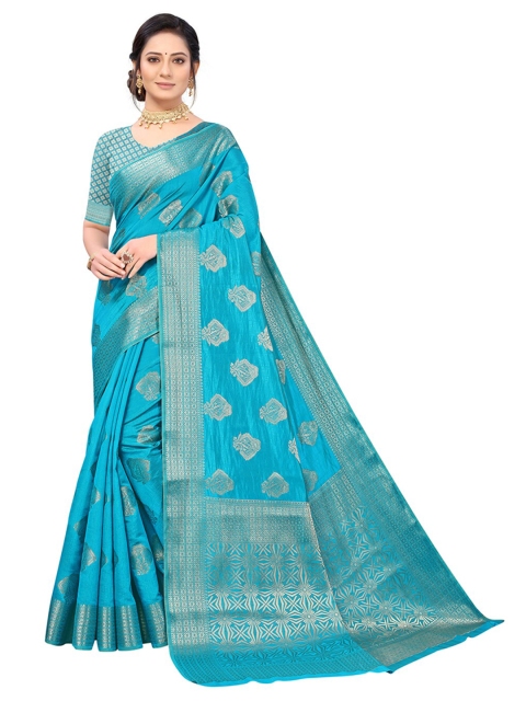 

Pisara Turquoise Blue & Gold-Toned Woven Design Zari Silk Cotton Chanderi Saree