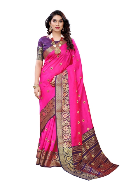 

Pisara Pink & Gold-Toned Woven Design Zari Silk Cotton Chanderi Saree