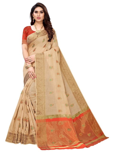 

Pisara Beige & Red Woven Design Zari Silk Cotton Chanderi Saree