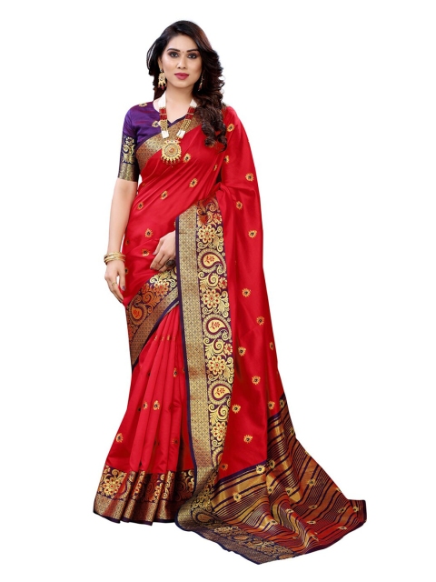 

Pisara Red & Purple Woven Design Zari Silk Cotton Chanderi Saree