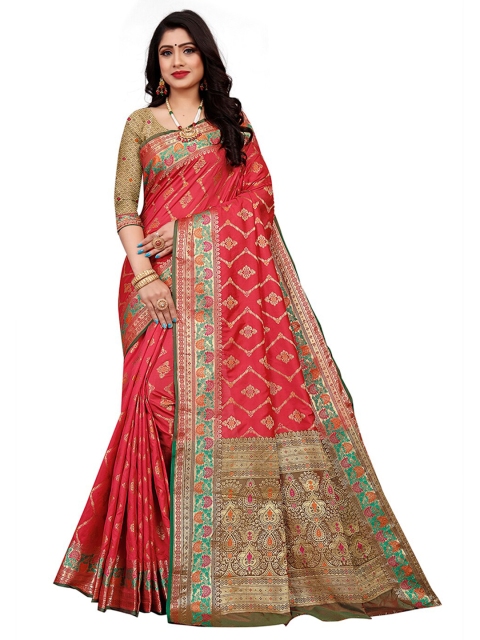 

Pisara Peach-Coloured & Gold-Toned Woven Design Zari Silk Cotton Heavy Work Chanderi Saree
