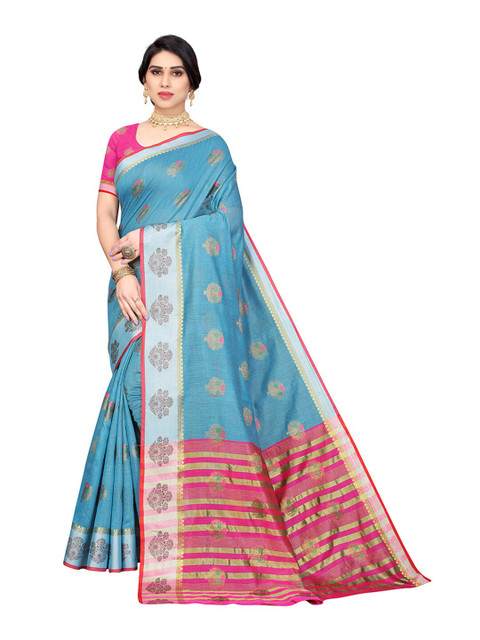 

Pisara Turquoise Blue & Red Woven Design Zari Silk Cotton Chanderi Saree
