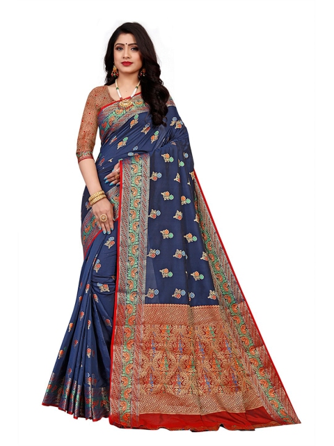 

Pisara Navy Blue & Red Ethnic Motifs Zari Chanderi Saree