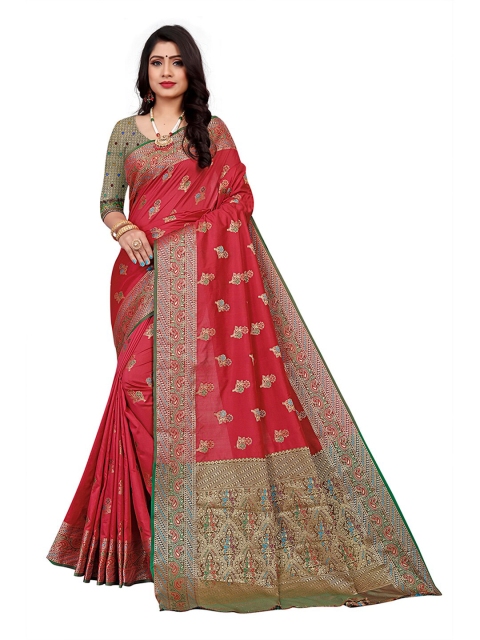 

Pisara Peach-Coloured & Green Woven Design Zari Silk Cotton Chanderi Saree
