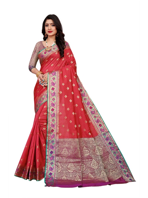 

Pisara Peach-Coloured & Red Woven Design Silk Cotton Chanderi Saree