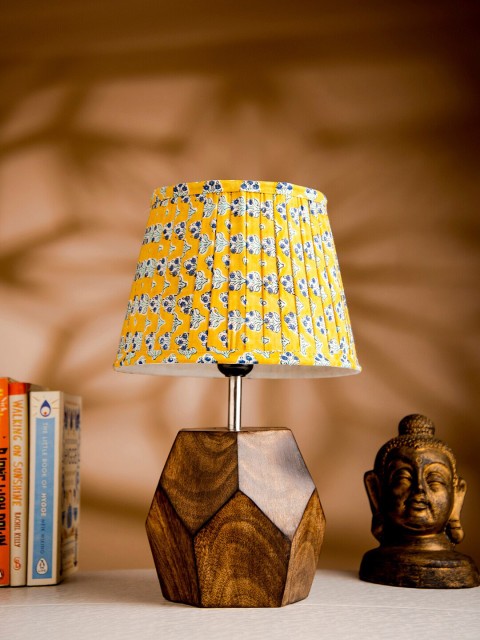 

green girgit Brown Wooden Table Lamp with Yellow Shade