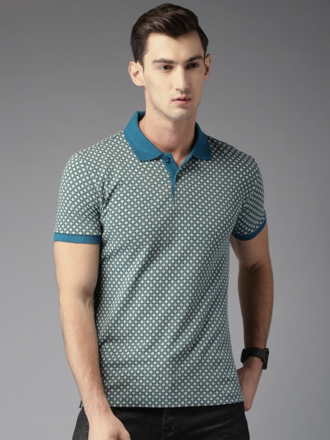 

Moda Rapido Men Teal Blue & Grey Printed Polo Collar T-shirt