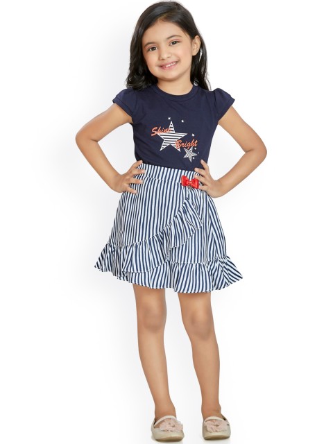 

Peppermint Girls Navy Blue & White Printed T-shirt with Skirt