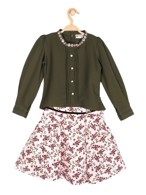 

Peppermint Girls Olive Green & White Printed Clothing Set