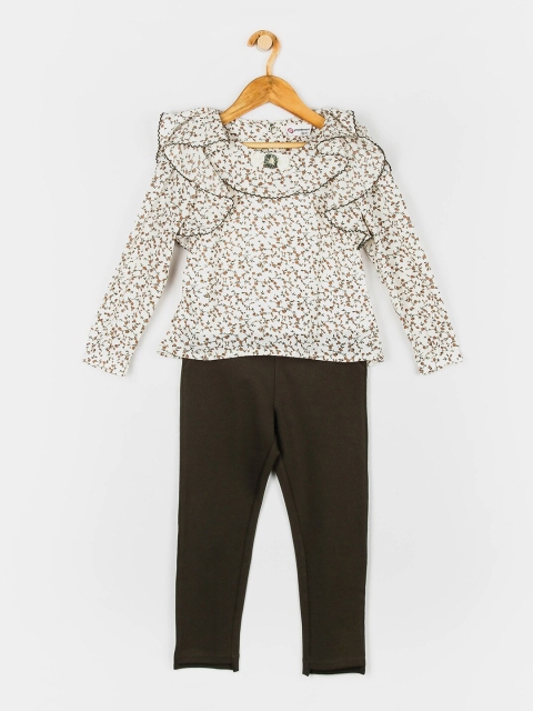 

Peppermint Girls Olive Green & White Printed Top with Trousers