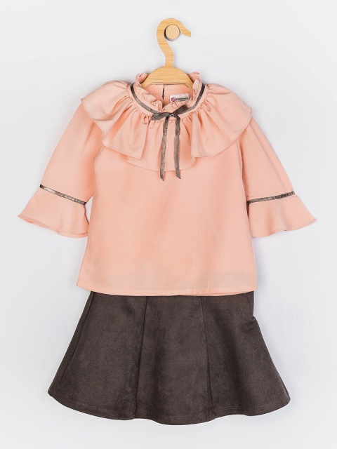 

Peppermint Girls Peach-Coloured & Brown Top with Skirt