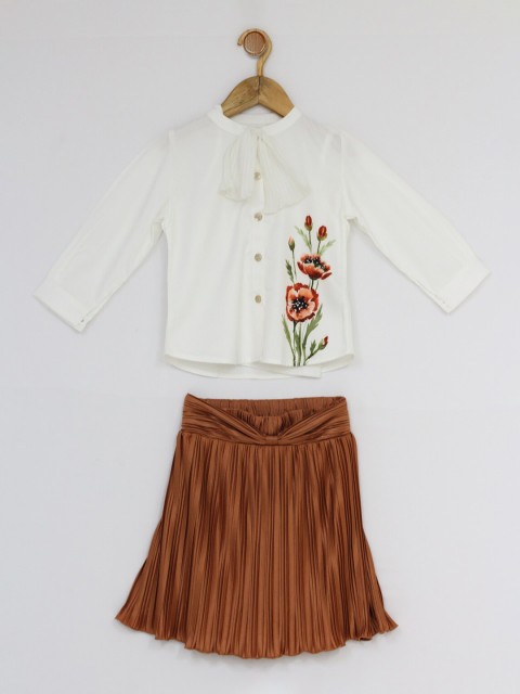 

Peppermint Girls Off White & Brown Printed Top with Skirt