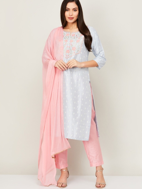 

Melange by Lifestyle Women Blue & Pink Printed Thread Work Kurta with Trousers & Dupatta