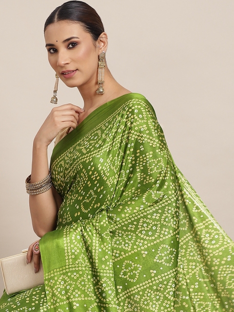

Havida Sarees Green & White Bandhani Art Silk Block Print Saree