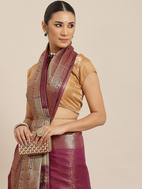 

Havida Sarees Purple & Golden Woven Design Zari Border Kanjeevaram Saree with Blouse Piece