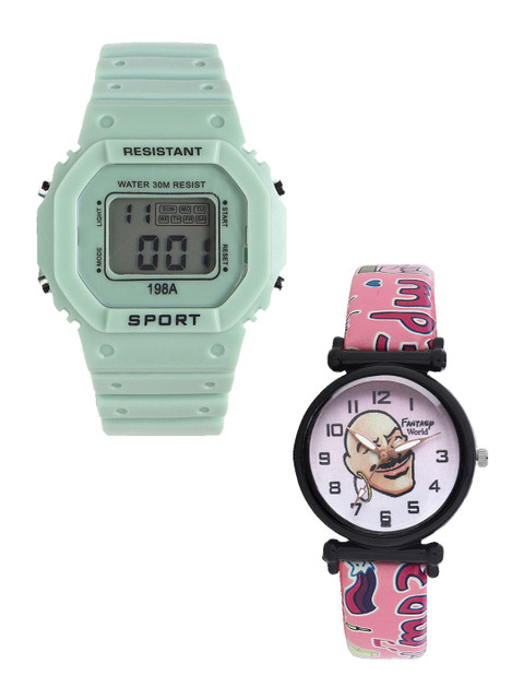 

Fantasy World Unisex Kids Grey Skeleton Dial & Green Bracelet Style Straps Digital Watch