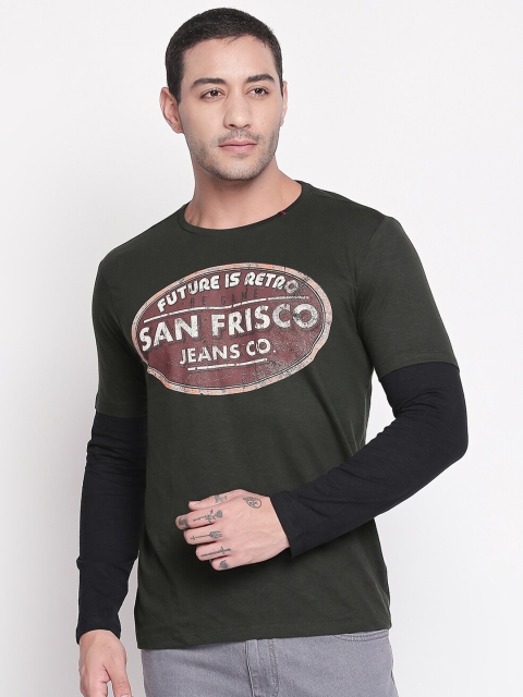 

SF JEANS by Pantaloons Men Olive Green Typography Printed Slim Fit Cotton T-shirt