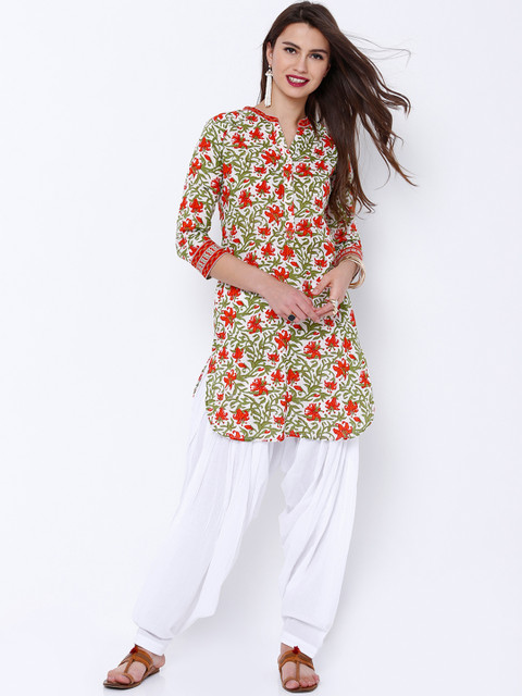 

Vishudh Women White & Orange Printed Straight Kurta