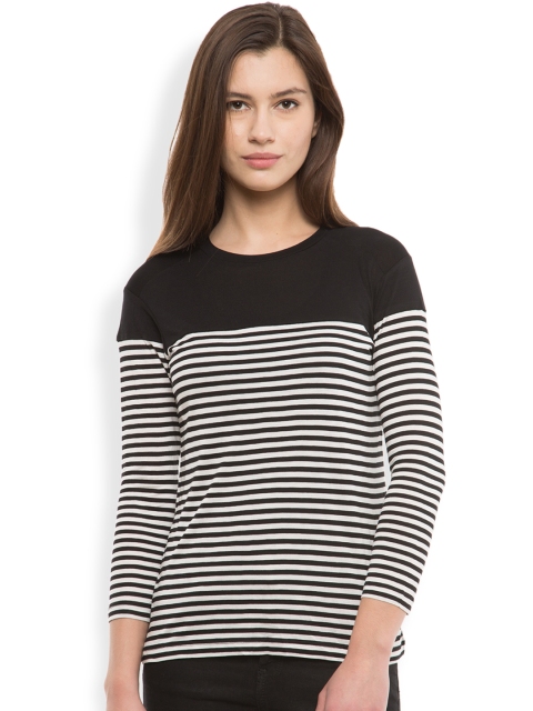 

Tokyo Talkies Women Black Striped Round Neck T-Shirt