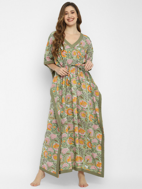 

uNidraa Green Printed Maxi Nightdress