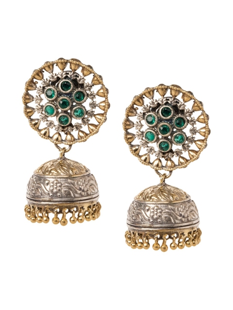 

INDYA Dual-Toned & Green Stones-Studded Jhumka Earrings
