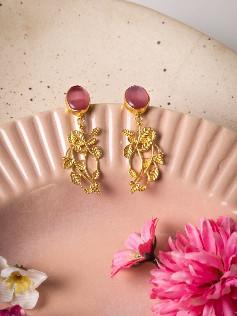 

INDYA Gold-Plated Pink Stone Studded Drop Earrings