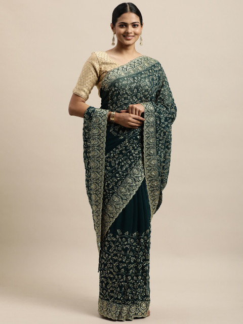 

kasee Blue & Gold-Toned Floral Embroidered Pure Georgette Saree