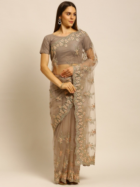 

kasee Grey & Pink Floral Embroidered Net Saree