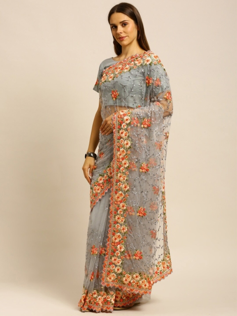 

kasee Grey & Orange Floral Embroidered Net Saree