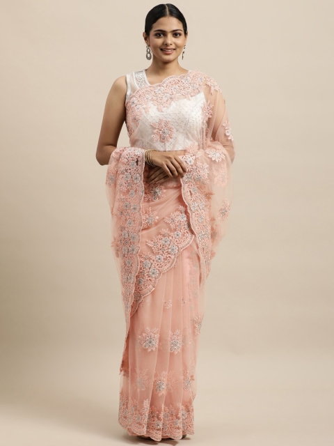 

kasee Peach-Coloured & Silver-Toned Floral Embroidered Net Saree