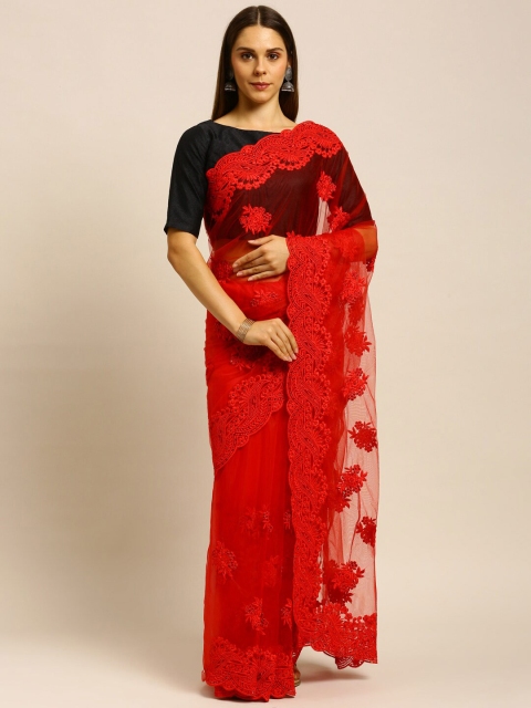 

kasee Red & Black Floral Embroidered Net Saree
