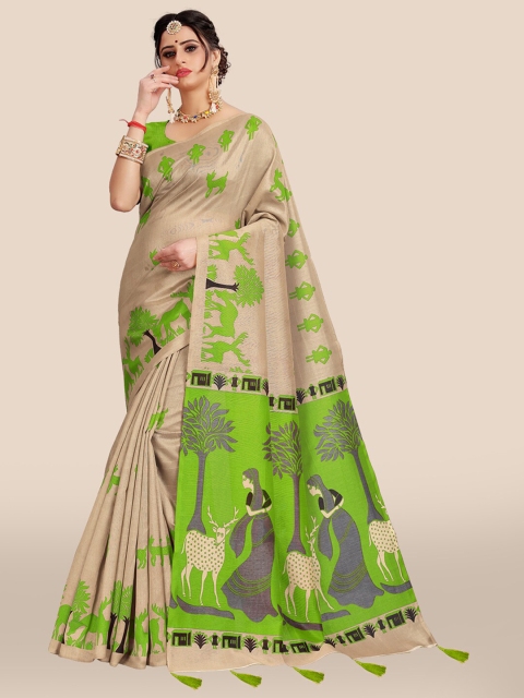 

DIVASTRI Cream-Coloured & Green Ethnic Motifs Art Silk Block Print Saree