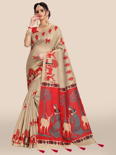 

DIVASTRI Red & Beige Ethnic Motifs Art Silk Block Print Saree